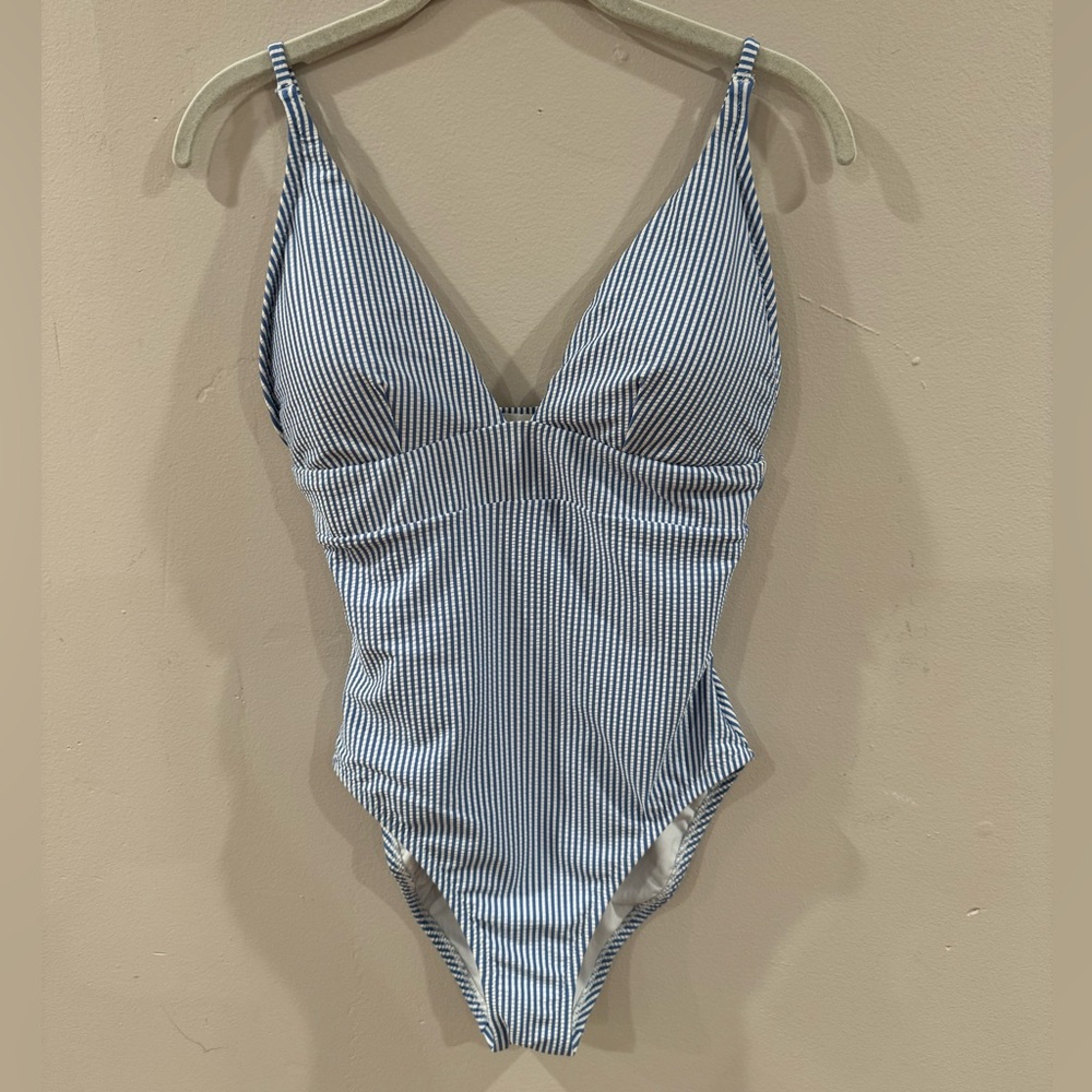 J. Crew plunge one piece bathing suit in seersucker size 10 - Picture 2 of 11